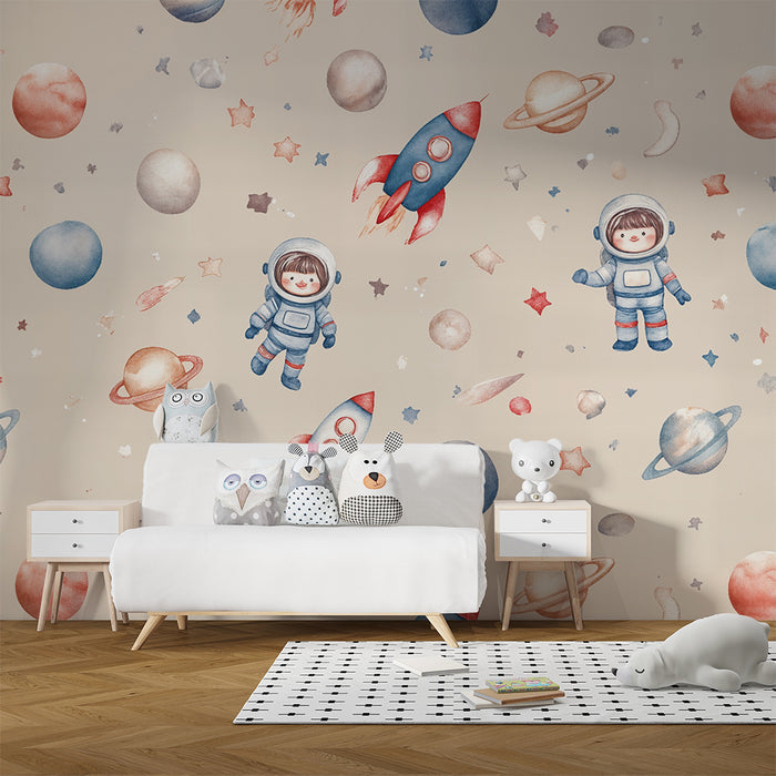 Børneværelse tapet | Astronauter og pastelfarvede planeter