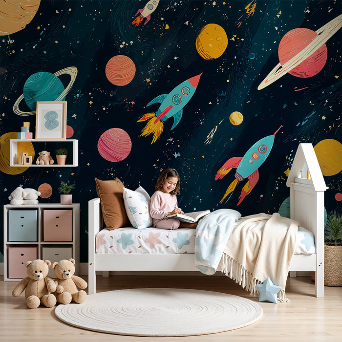 Papier peint chambre enfant | Fusées et planètes colorées