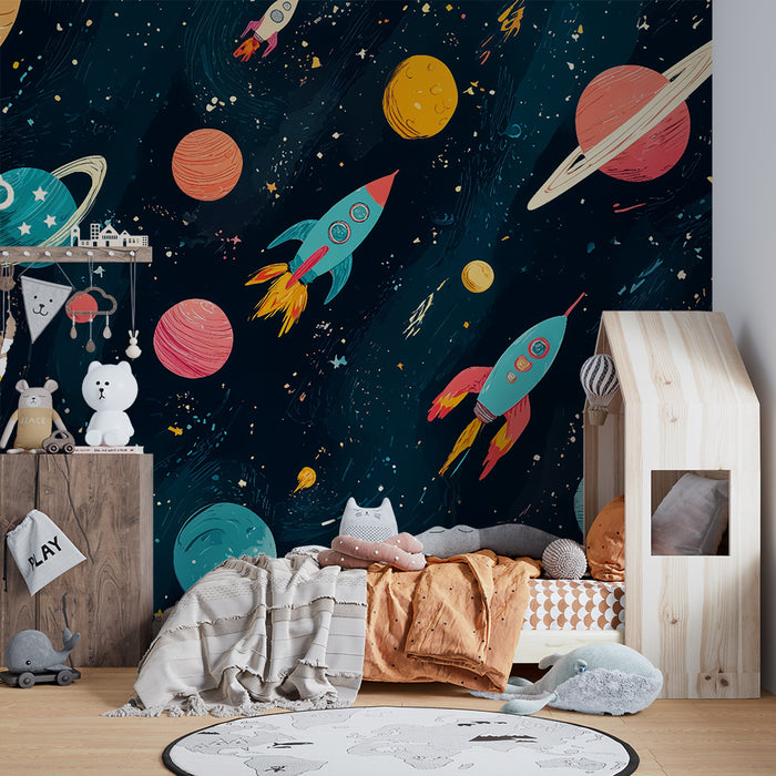 Papier peint chambre enfant | Fusées et planètes colorées