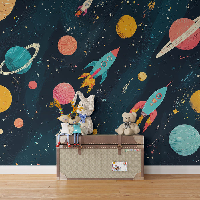 Papier peint chambre enfant | Fusées et planètes colorées