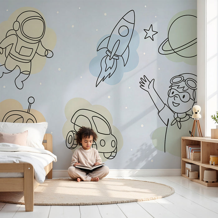 Lastenhuoneen tapetti | Avaruusseikkailu ja autot