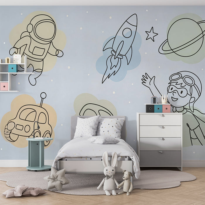 Lastenhuoneen tapetti | Avaruusseikkailu ja autot