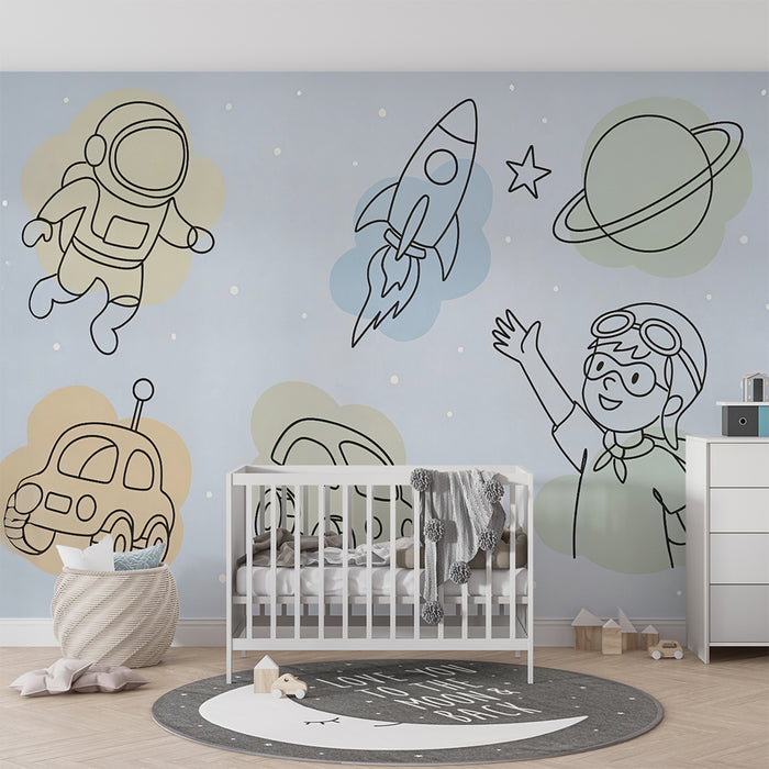 Lastenhuoneen tapetti | Avaruusseikkailu ja autot