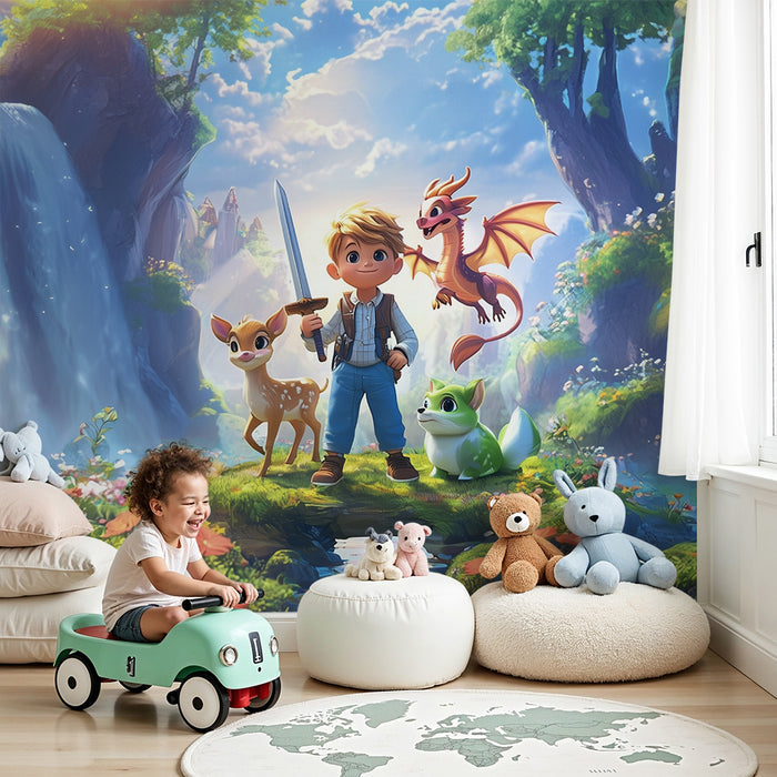 Lastenhuoneen tapetti | Taianomainen seikkailu eläinten ja vesiputouksen kanssa