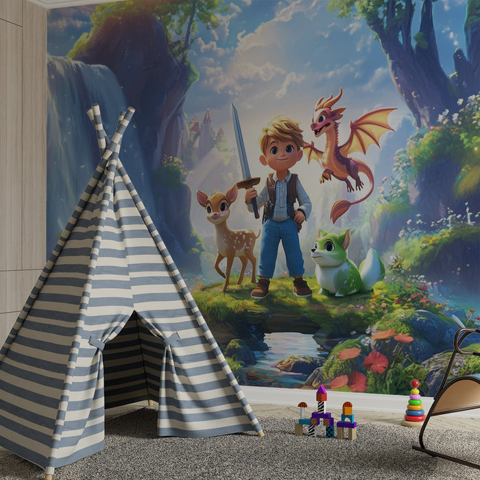 Lastenhuoneen tapetti | Taianomainen seikkailu eläinten ja vesiputouksen kanssa