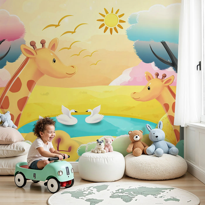Tapet barnerom | Giraffer og svaner ved vannkanten