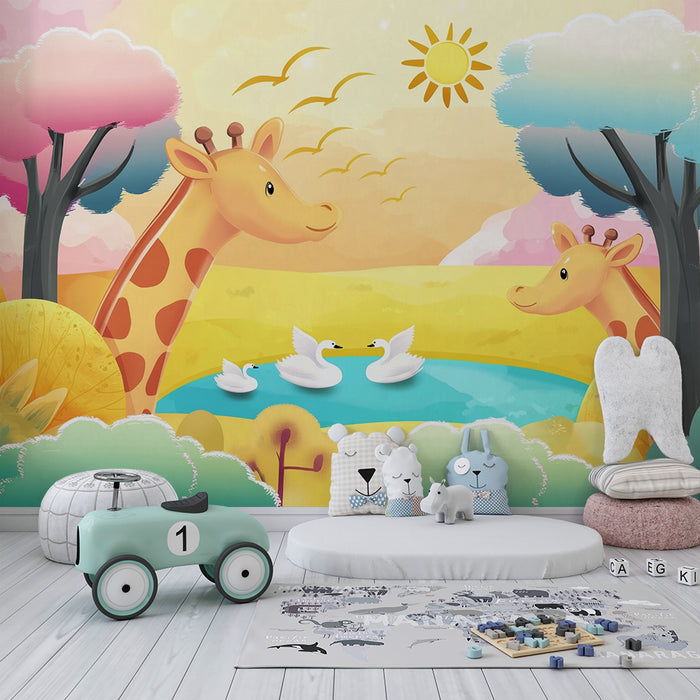 Tapet barnerom | Giraffer og svaner ved vannkanten