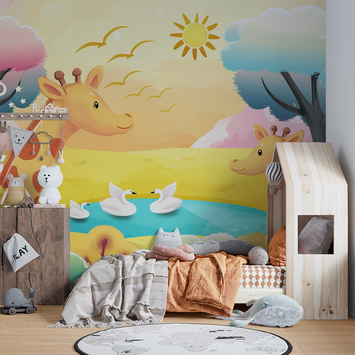 Tapet barnerom | Giraffer og svaner ved vannkanten