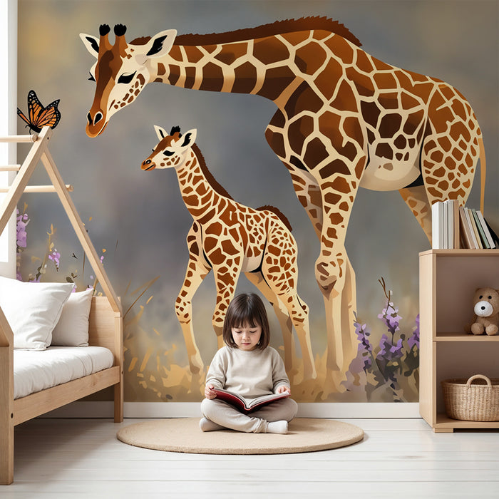 Behang kinderkamer | Majestueuze giraffen en vlinder