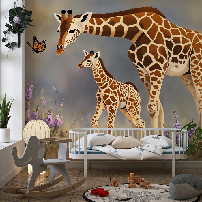 Behang kinderkamer | Majestueuze giraffen en vlinder