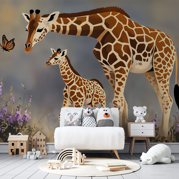 Behang kinderkamer | Majestueuze giraffen en vlinder