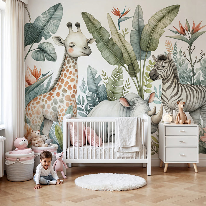 Papier peint safari jungle | Animaux et feuillage exotique