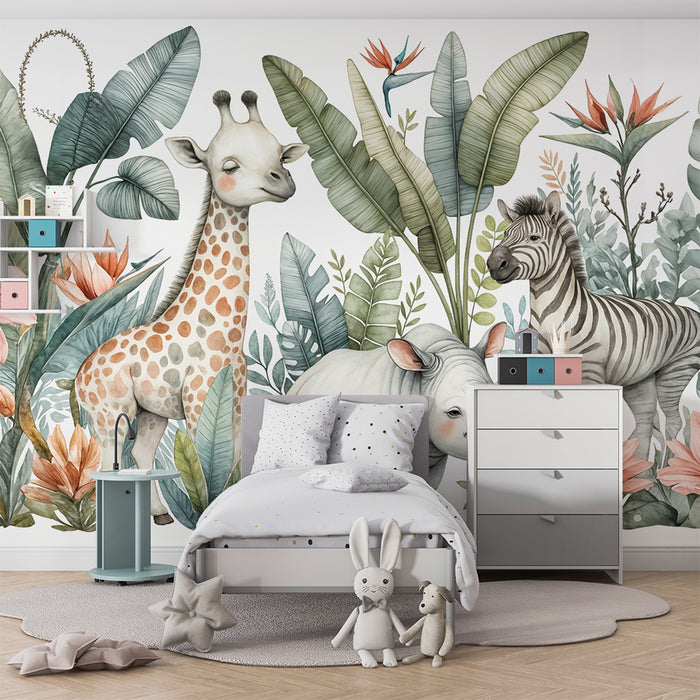 Papier peint safari jungle | Animaux et feuillage exotique