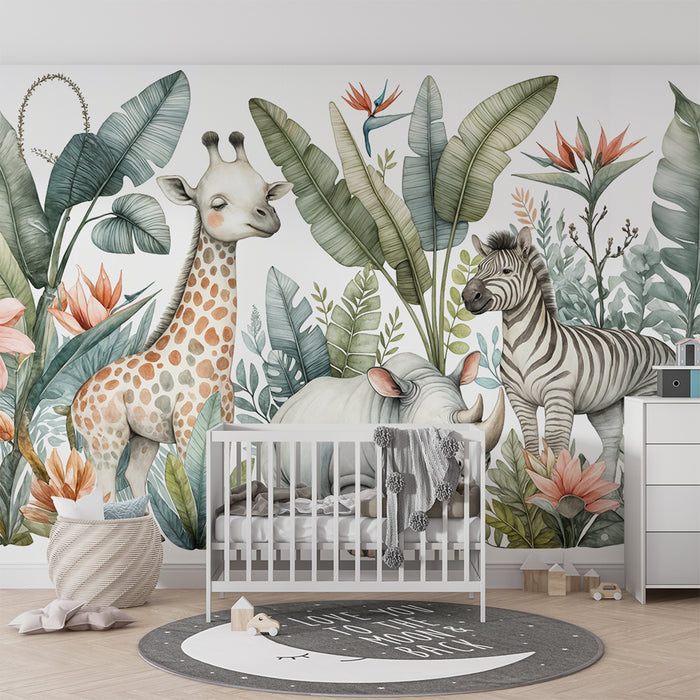 Papier peint safari jungle | Animaux et feuillage exotique