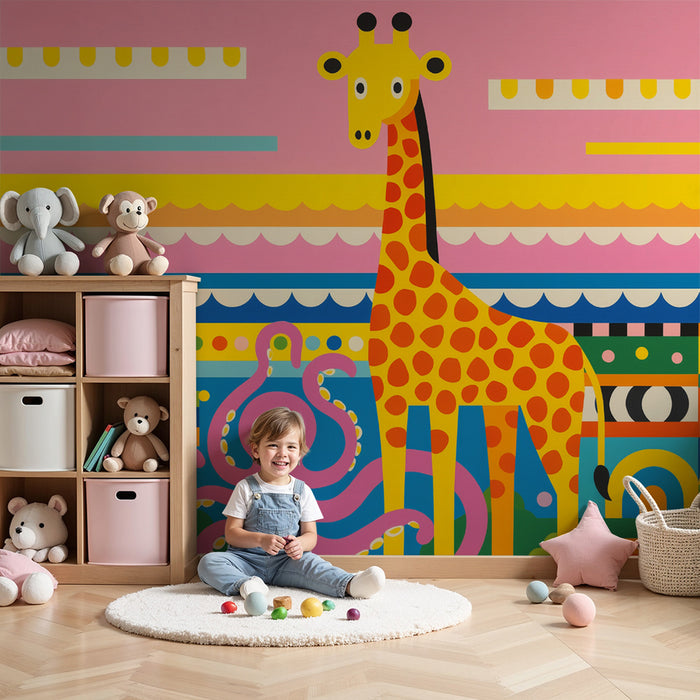 Papier peint chambre enfant | Girafe joyeuse et pieuvre rose