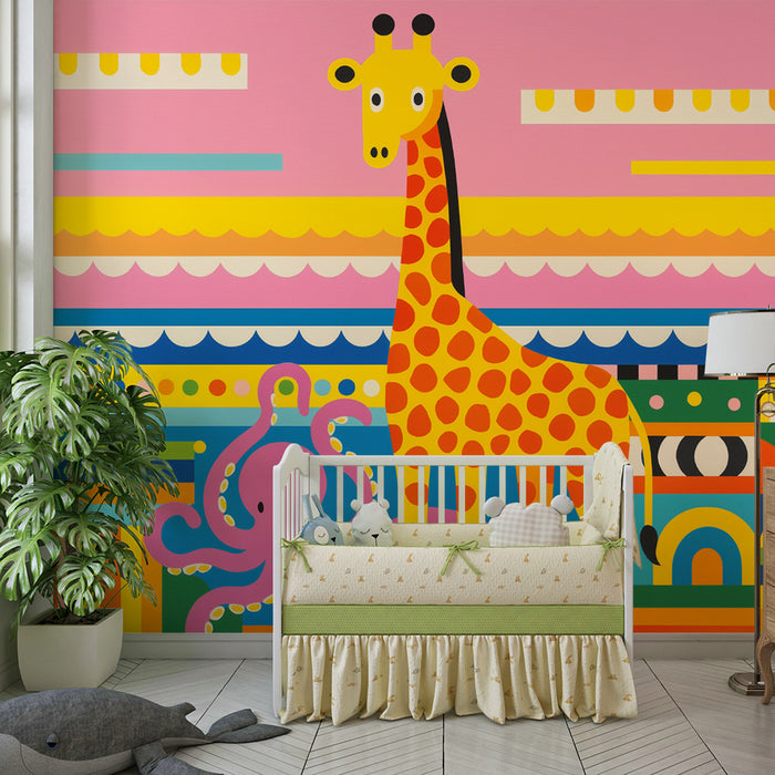Papier peint chambre enfant | Girafe joyeuse et pieuvre rose