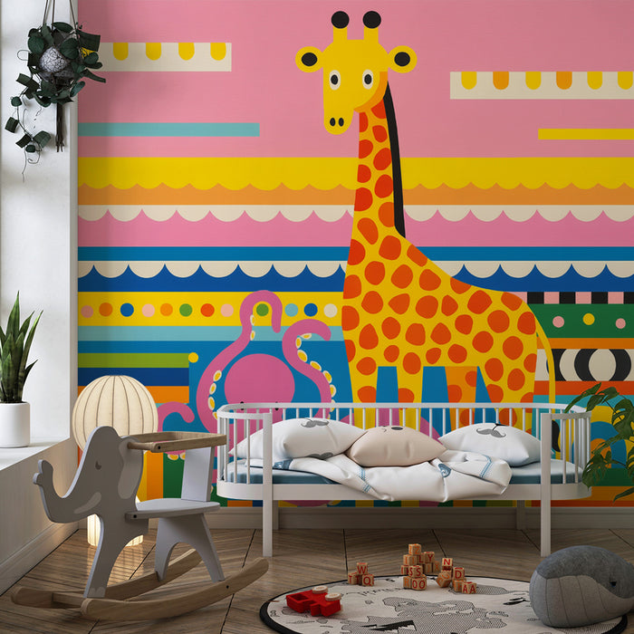 Papier peint chambre enfant | Girafe joyeuse et pieuvre rose