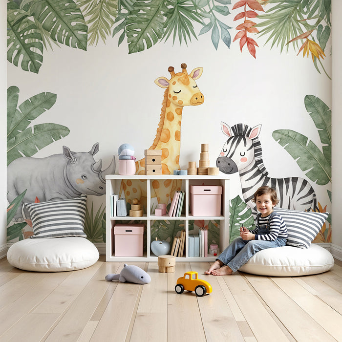 Papier peint Safari Enfants | Animaux mignons et feuillage tropical
