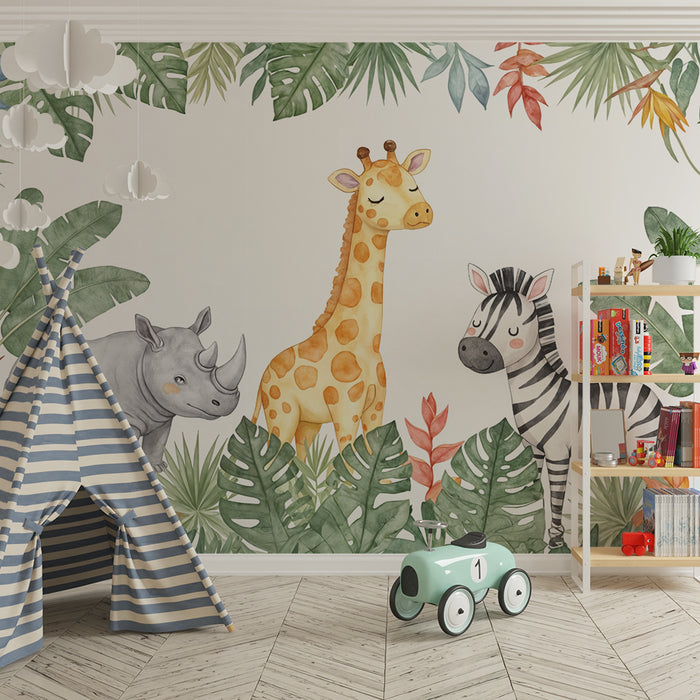 Papier peint Safari Enfants | Animaux mignons et feuillage tropical