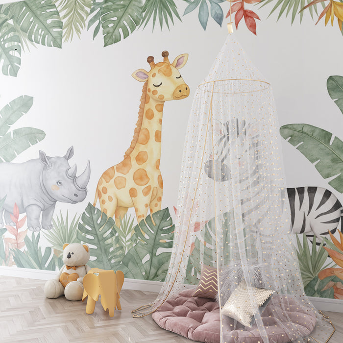 Papier peint Safari Enfants | Animaux mignons et feuillage tropical