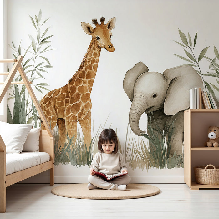 Papier peint Safari | Girafe et Éléphant Aquarelle