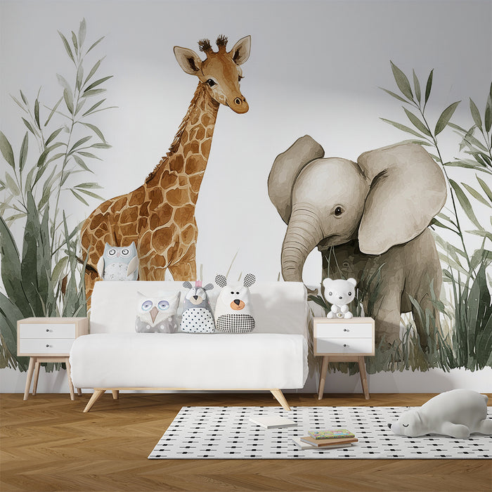 Papier peint Safari | Girafe et Éléphant Aquarelle