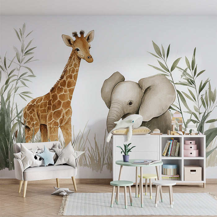 Papier peint Safari | Girafe et Éléphant Aquarelle