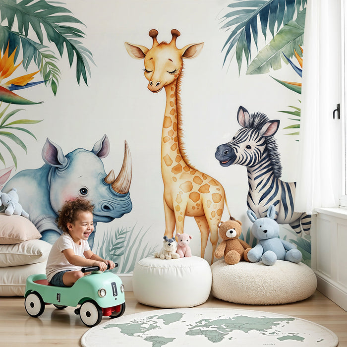 Papel pintado infantil jungla | Animales exóticos y follaje