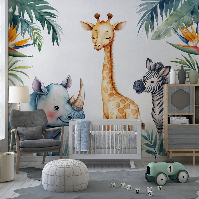 Papel pintado infantil jungla | Animales exóticos y follaje