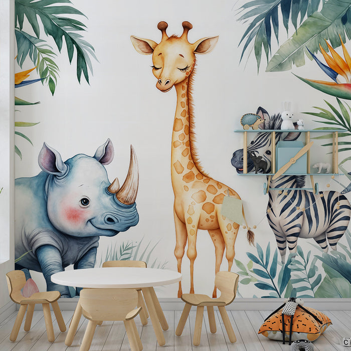 Papel pintado infantil jungla | Animales exóticos y follaje