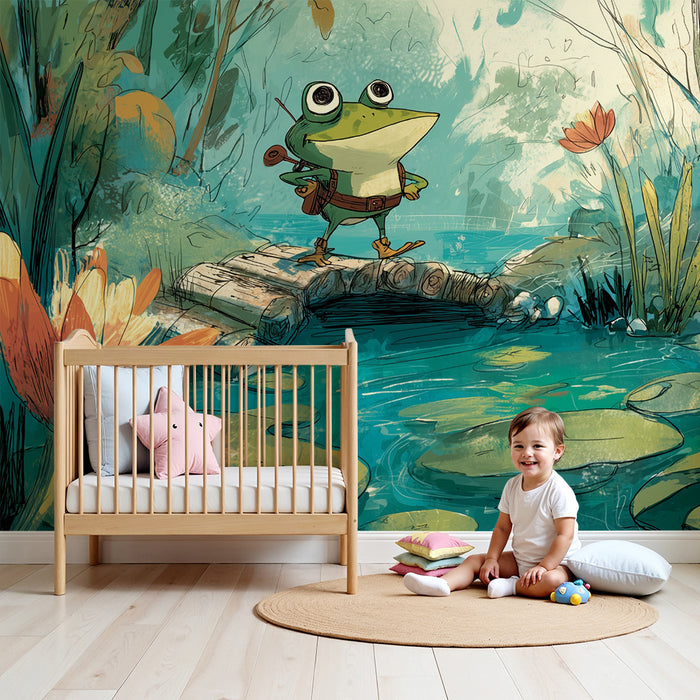 Papel pintado infantil | Rana aventurera al borde del agua