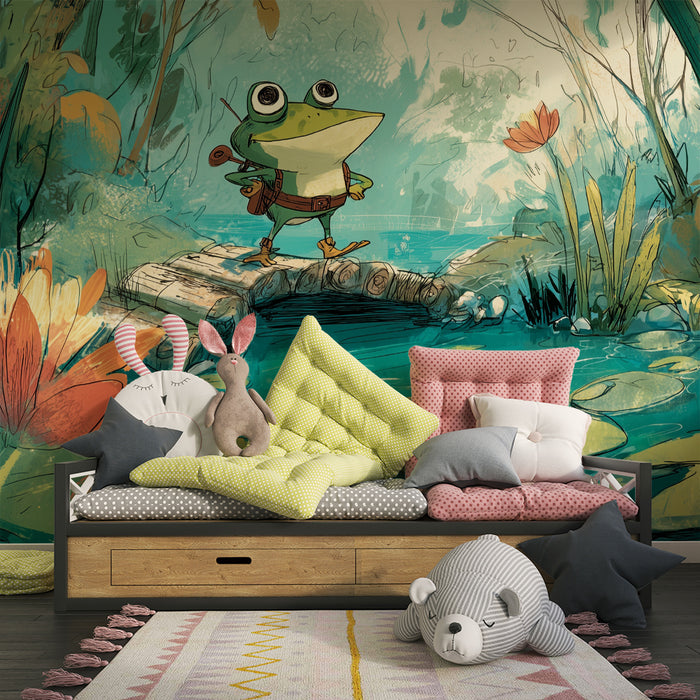 Papel pintado infantil | Rana aventurera al borde del agua
