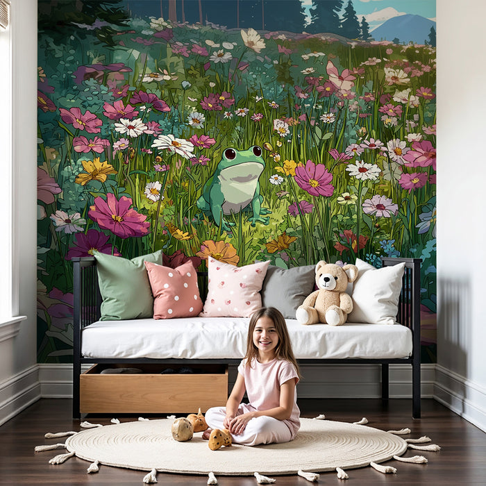 Kinderzimmer Tapete | Frosch inmitten bunter Blumen