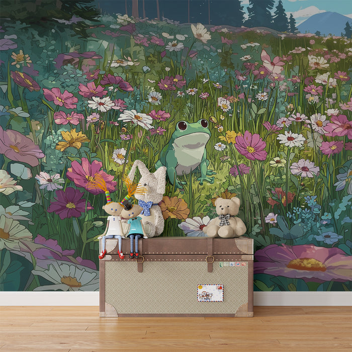 Kinderzimmer Tapete | Frosch inmitten bunter Blumen