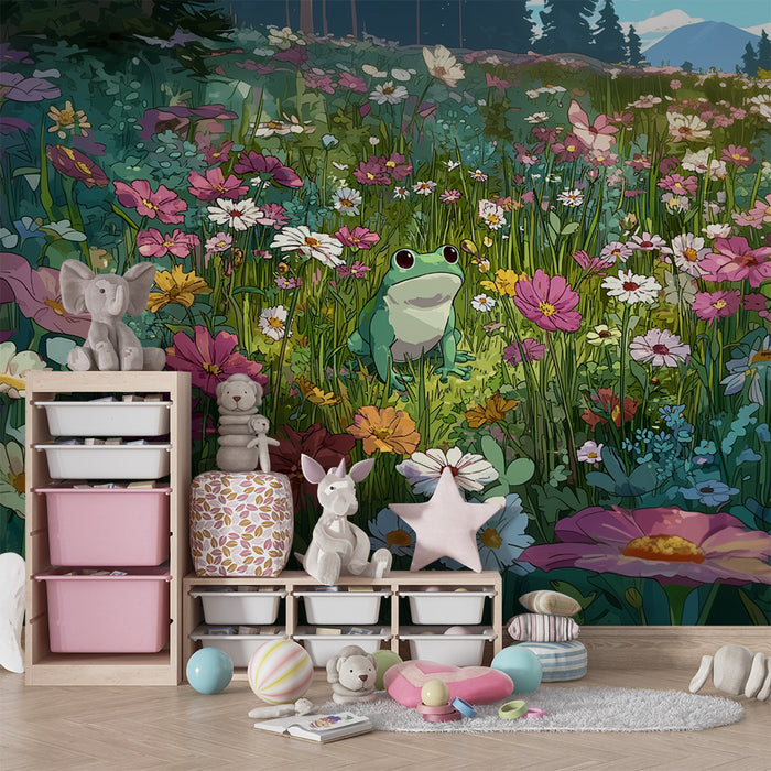 Kinderzimmer Tapete | Frosch inmitten bunter Blumen