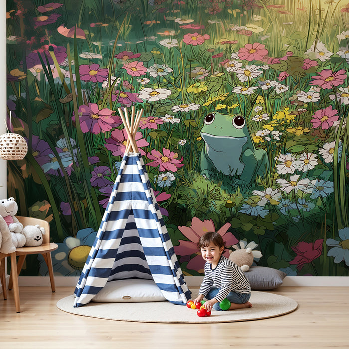 Papel pintado infantil | Rana y flores campestres