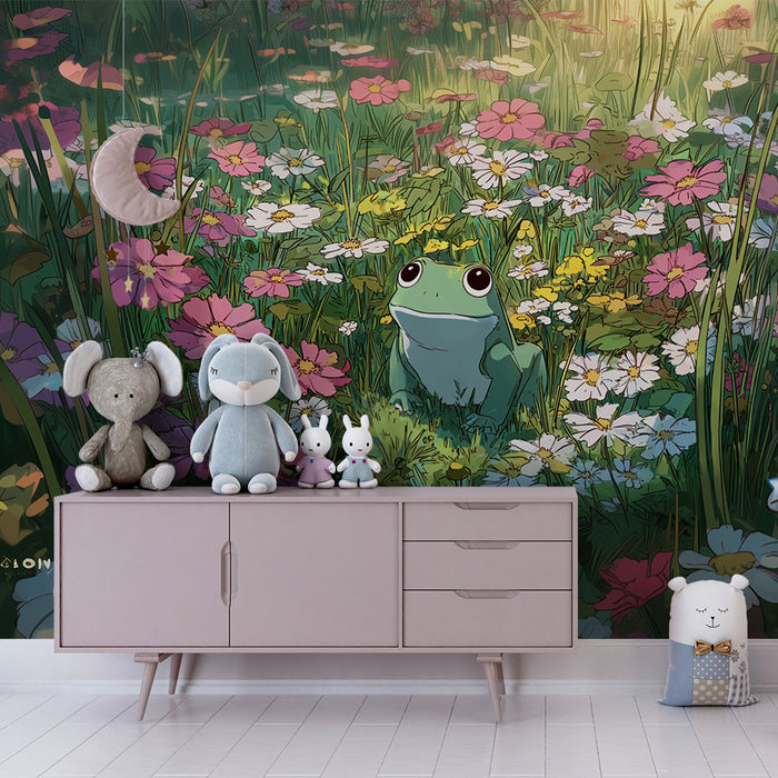 Papel pintado infantil | Rana y flores campestres