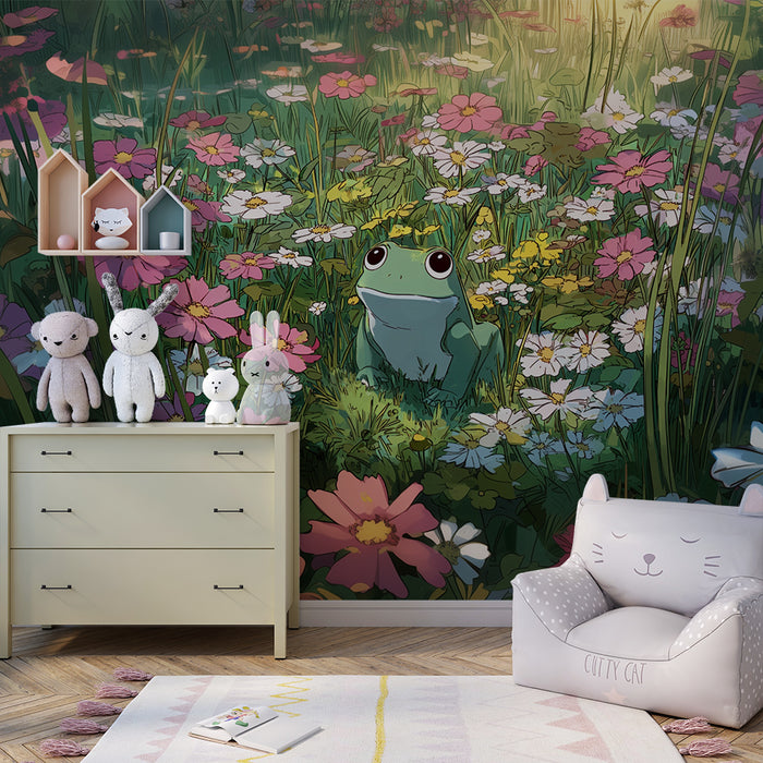 Papel pintado infantil | Rana y flores campestres