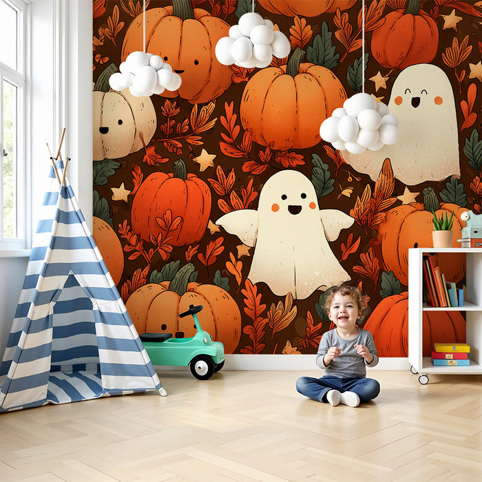 Kinderzimmer Tapete | Fröhliche Kürbisse und niedliche Geister