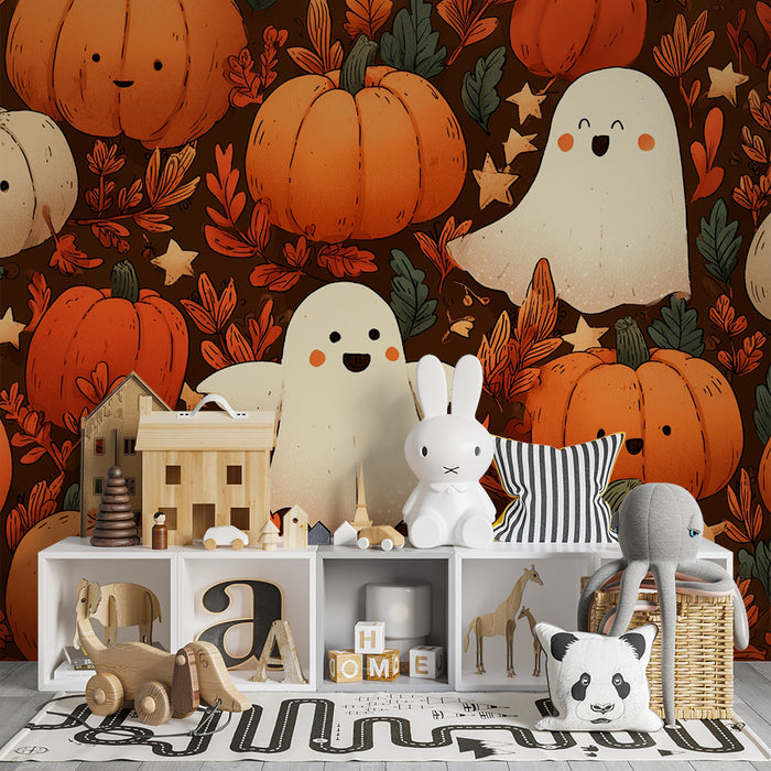Kinderzimmer Tapete | Fröhliche Kürbisse und niedliche Geister