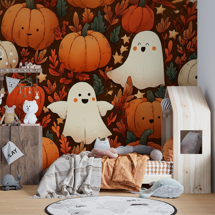 Kinderzimmer Tapete | Fröhliche Kürbisse und niedliche Geister