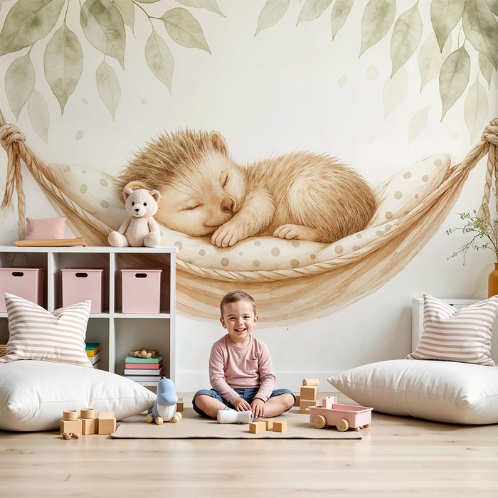 Papel pintado erizo dormido | Ilustración suave para habitación infantil