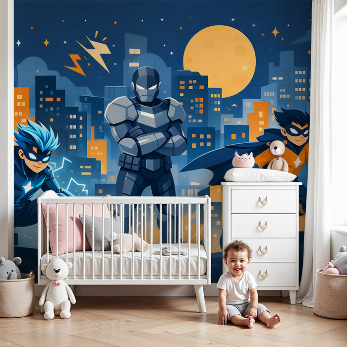Kinderzimmer Tapete | Superhelden und nächtliche Skyline