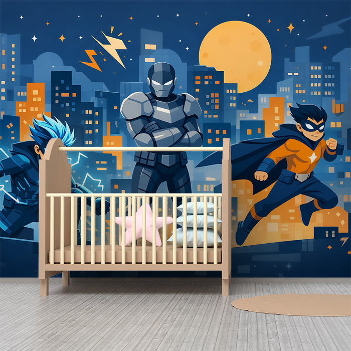 Kinderzimmer Tapete | Superhelden und nächtliche Skyline