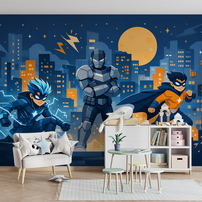 Kinderzimmer Tapete | Superhelden und nächtliche Skyline