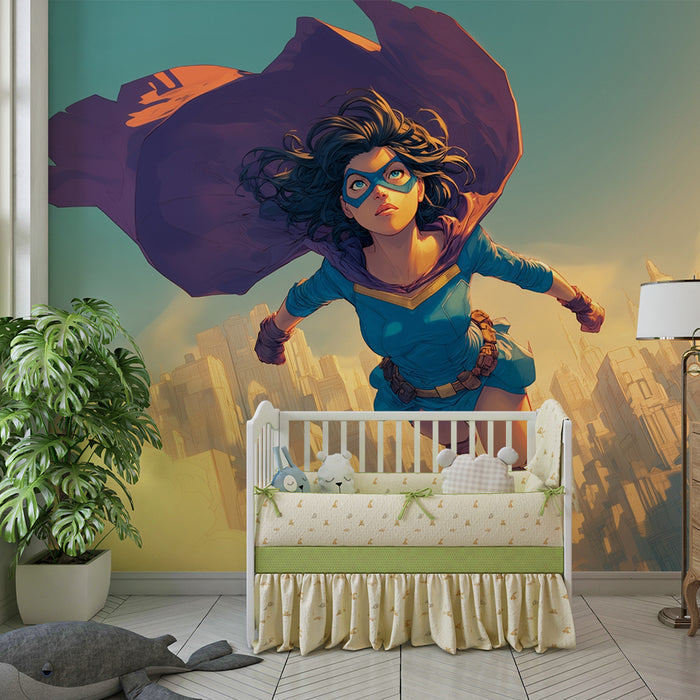 Lastenhuoneen tapetti | Super-sankaritar lentää yli kaupungin
