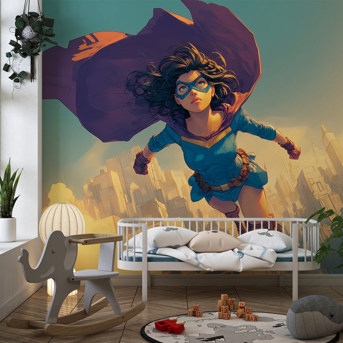Lastenhuoneen tapetti | Super-sankaritar lentää yli kaupungin