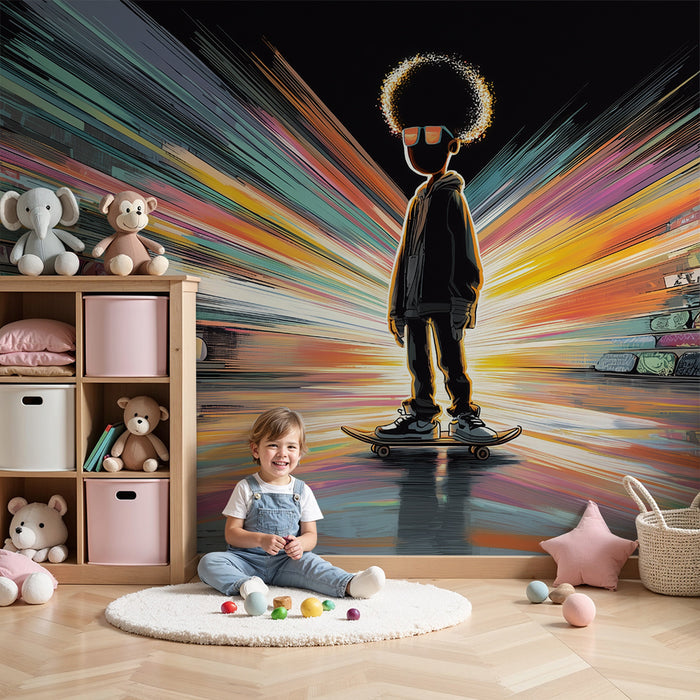 Papel pintado infantil | Skate urbano y neones brillantes
