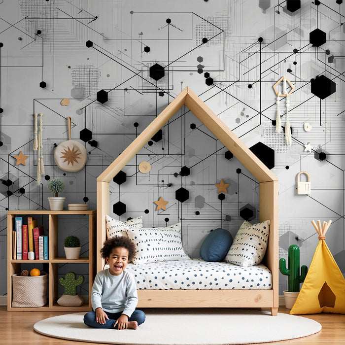 Papel de parede criança | Hexágonos e linhas modernas em preto e branco