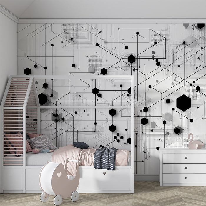 Papel de parede criança | Hexágonos e linhas modernas em preto e branco